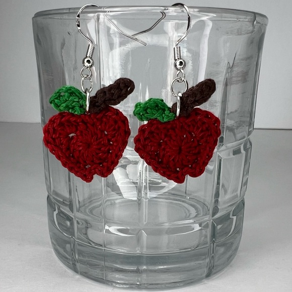 Handmade Crochet Apple Earrings on Hypoallergenic White Gold Plated Hooks Red - Picture 5 of 6